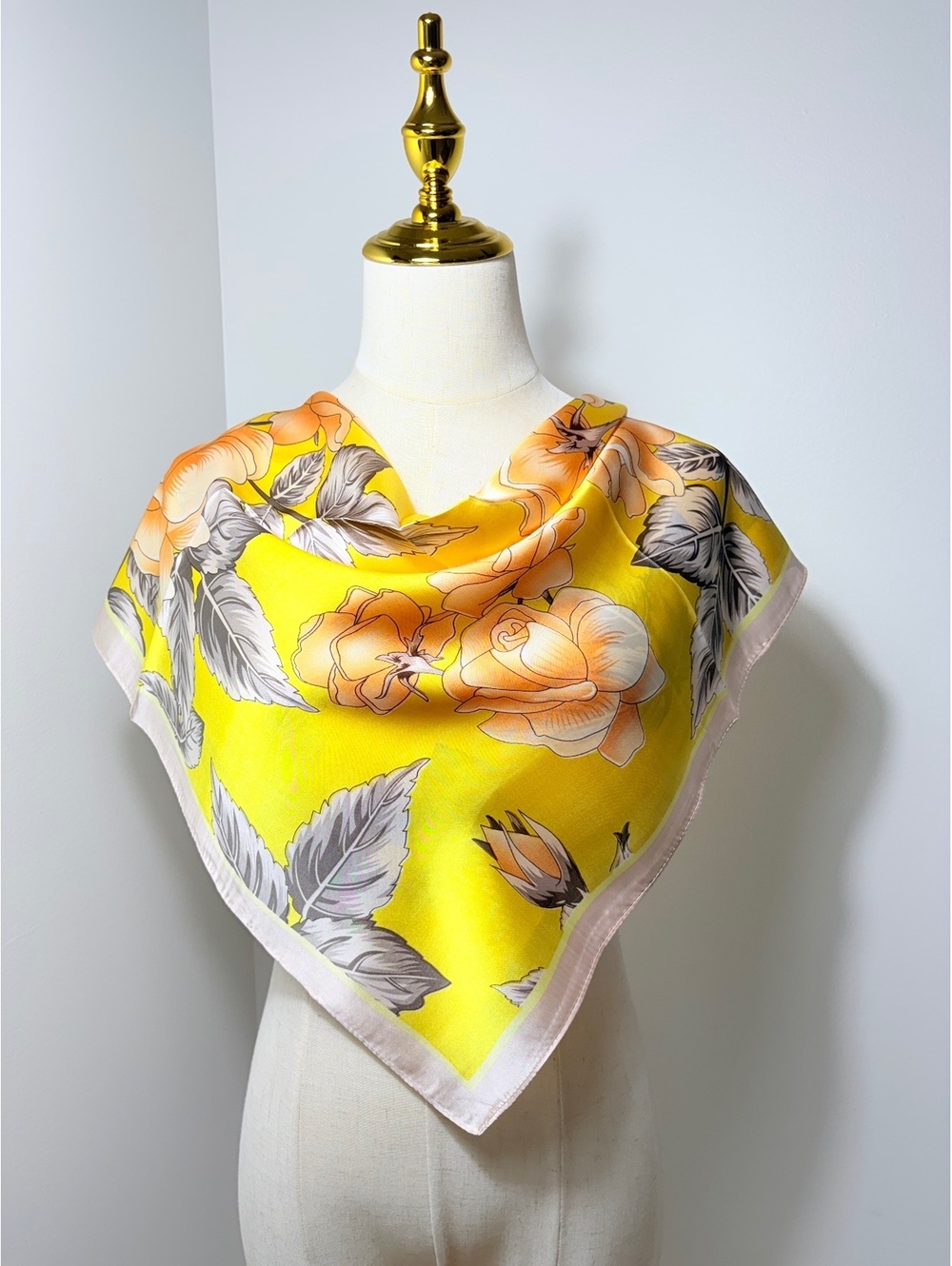 Vibrant Yellow Floral Scarf with Peach Roses and Gray Leaves, Lightweight Square
